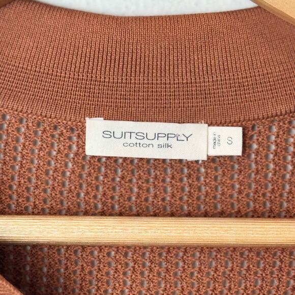 Suitsupply Crochet Buttonless Polo Shirt Mens S Rust Brown Cotton Silk Open Knit - Picture 12 of 13